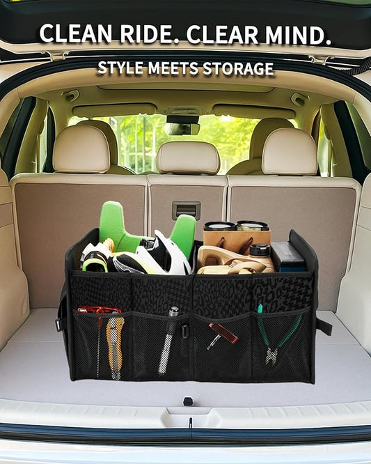 SIBOFUEGO Sturdy Car Trunk Organizer – Large Capacity Trunk Organizer for SUVs & Sedans, Hard-Shell One-Piece Design with Cute Print, Collapsible and Durable Car Organizers (Black Leopard 70L)