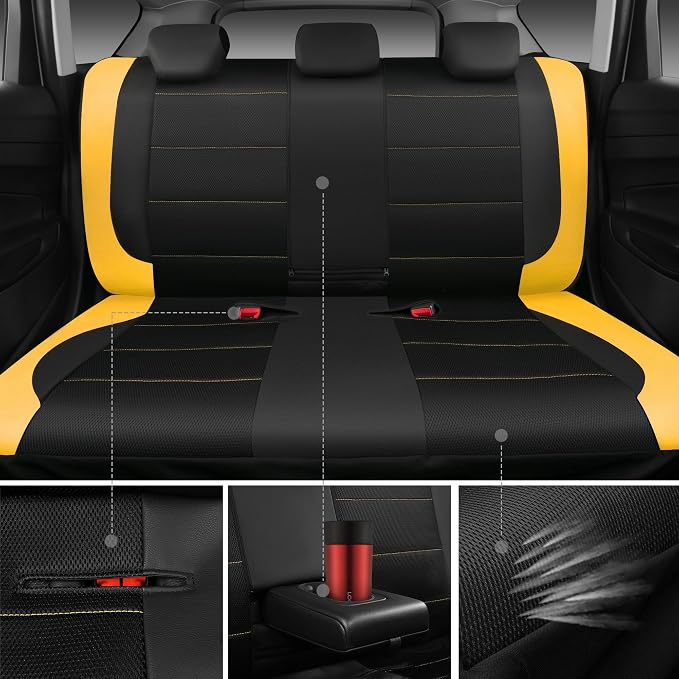 CAR PASS Leather Seat Covers, Breathable Universal Car Seat Cover Full Set for Cute Women Girly,5mm Composite Sponge Inside,Airbag Compatible Fits Most Auto,SUVs,Trucks,Vans(Full Set,Black&Yellow)