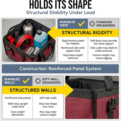 4-Section Trunk Organizer for SUV, Truck, Van, Sedan – Modular Extra Large Cargo Bin, Detachable Car Trunk Storage with Dividers, Collapsible Auto Organization System – Cherry