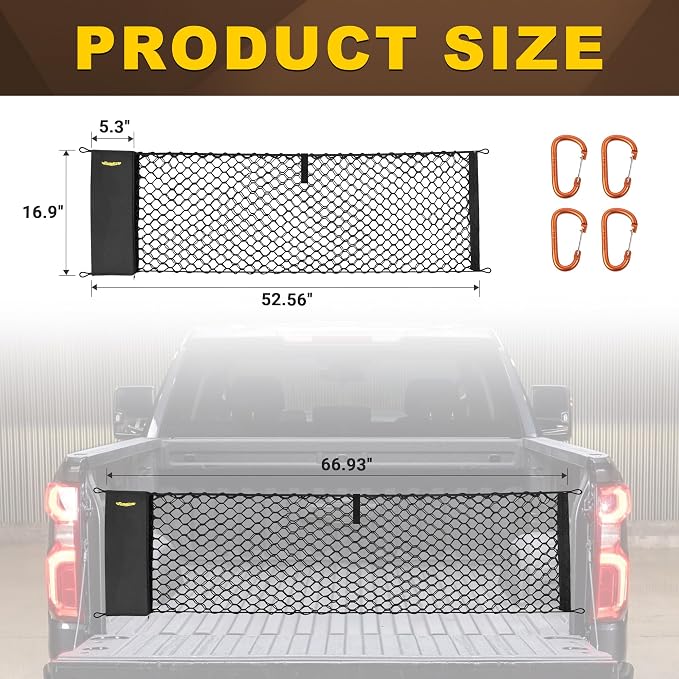 BUMBEE Envelope Style Trunk Cargo Net Compatible with Chevy Silverado 2013-2024 Accessories, Heavy Duty Carabiners Highly Elastic Truck Bed Mesh Cargo Net(16.9" X 52.56" to 66.93")