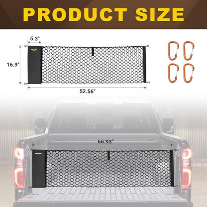 BUMBEE Envelope Style Trunk Cargo Net Compatible with Chevy Silverado 2013-2024 Accessories, Heavy Duty Carabiners Highly Elastic Truck Bed Mesh Cargo Net(16.9" X 52.56" to 66.93")