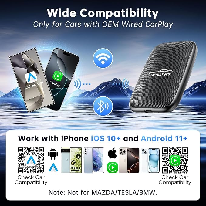 6-in-1 Android Auto Wireless Adapter and Apple CarPlay Adapter, Wireless Carplay Adapter with Netflix YouTube TF Card, Plug & Play, Easy Setup, Magic Video Ai Box for OEM Wired Apple Car Play Cars