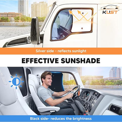 KUST 2PCS 23.6''×21.6'' Side Window Shades for Semi Truck - Freightliner Cascadia, International Trucks, Volvo VNL/VNR - Silver & Black Window Shades- Semi Truck Accessories for All Season