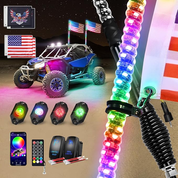 Nilight 2PCS 3FT RGB LED Whip Light with Spring Base and 4 PCS Rock Lights Combo, Remote App Control w/DIY Chasing Patterns Turn Signal Brake Reverse Antenna Lighted Whips for ATV UTV Polaris RZR Jeep