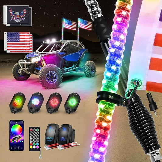 Nilight 2PCS 3FT RGB LED Whip Light with Spring Base and 4 PCS Rock Lights Combo, Remote App Control w/DIY Chasing Patterns Turn Signal Brake Reverse Antenna Lighted Whips for ATV UTV Polaris RZR Jeep