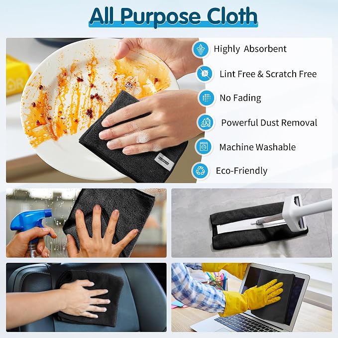 FIXSMITH Black Microfiber Cleaning Cloth -Pack of 8, Highly Absorbent Cleaning Rags, 16"X12" All Purpose Cleaning Towels for Housekeeping, Kitchen, Car, Lint Free and Reusable Microfiber Towels