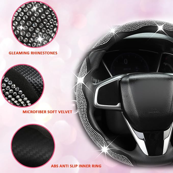West Llama Diamond Bling Car Steering Wheel Cover with Crystal Rhinestones,3PCS Segmented Steering Wheel Protector,Universal for 99% Cars for Women(Black with White Diamond)
