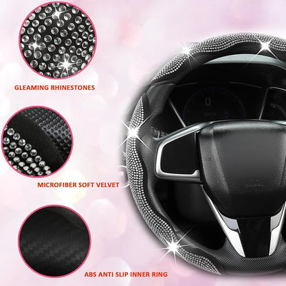 West Llama Diamond Bling Car Steering Wheel Cover with Crystal Rhinestones,3PCS Segmented Steering Wheel Protector,Universal for 99% Cars for Women(Black with White Diamond)
