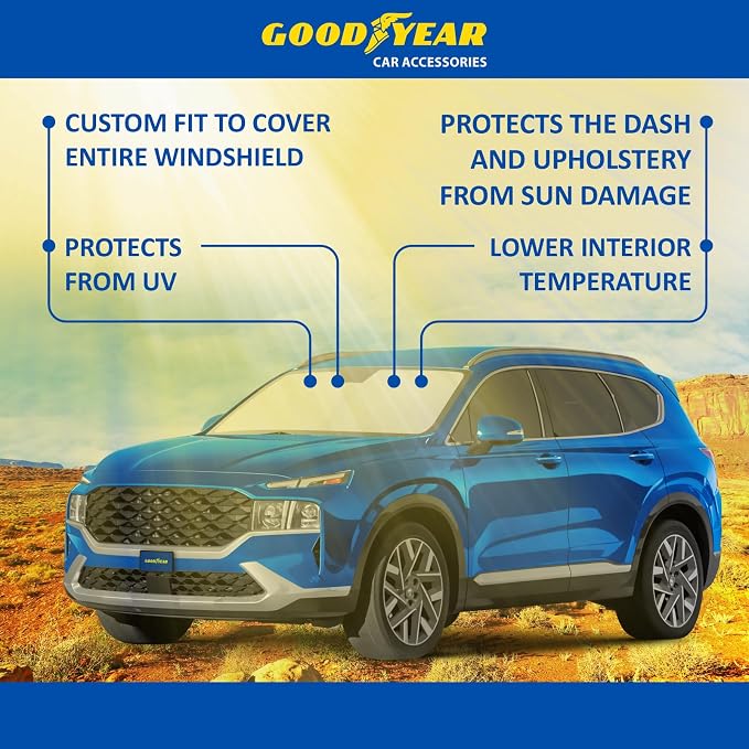 Goodyear Foldable Windshield Sunshade for Hyundai Santa Fe 2019-2023, SUV car Accessories, Sunshade Cover, Sun Shade Car Windshield, Window Sun Blocker - GY008245