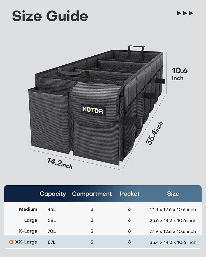 HOTOR Trunk Organizer for Car - Car Organizer, Foldable Trunk organizer for SUVs & Sedans, Sturdy Organization for Car Accessories, Tools, Sundries, Black, 3 Compartments, 35.4"×14.2"×10.6"