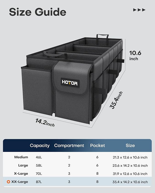 HOTOR Trunk Organizer for Car - Car Organizer, Foldable Trunk organizer for SUVs & Sedans, Sturdy Organization for Car Accessories, Tools, Sundries, Black, 3 Compartments, 35.4"×14.2"×10.6"