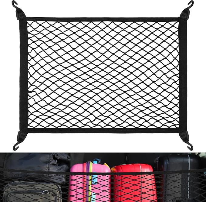 Cargo Net 60×40cm, Car Trunk Net Elastic Nylon Baggage, Car Trunk Net with 4 Hooks, Storage Organizer Car Net for Car Boot Vehicle Van SUV(Black)