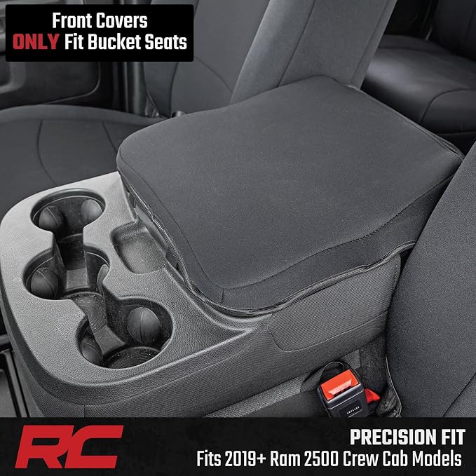 Rough Country Neoprene Seat Covers for Dodge Ram (2019-2024) - UV & Water Resistant, Foam Padded Truck Seat Covers - Full Set, Black, Front & Rear