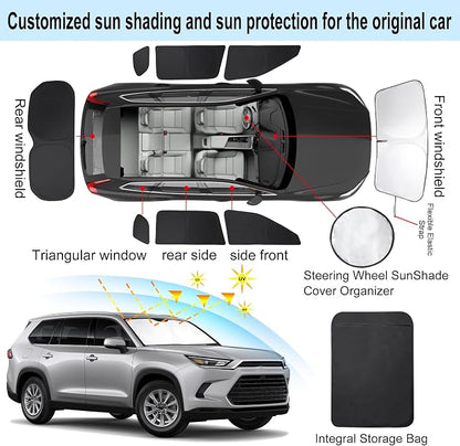 TINGLU Window Shades for Toyota Grand Highlander XLE 2024-2026 Accessories Car Side Full Windows Rear Triangular Windshield Sun Shade Sun UV Rays & Privacy Protection for Camping 8PCS