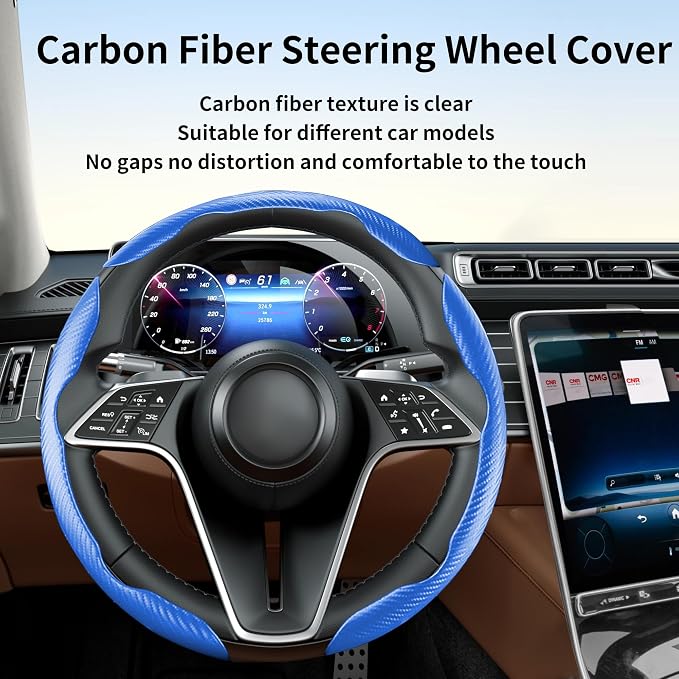 Carbon Fiber Steering Wheel Cover, 3-Piece Set Anti-Skid Comfortable Grip Segmented Butterfly Design, Easy Snap-On Installation Universal Fit 99% Cars, Blue