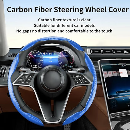 Carbon Fiber Steering Wheel Cover, 3-Piece Set Anti-Skid Comfortable Grip Segmented Butterfly Design, Easy Snap-On Installation Universal Fit 99% Cars, Blue