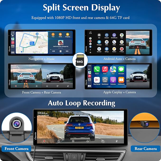 Carpuride W903 Wireless Carplay & Android Auto with Dash Cam - 9.3" HD IPS Touch Car Play Screen for Car, 4K Front & 1080P Rear Camera, Loop Recording, Bluetooth Audio, Mirror Link, GPS
