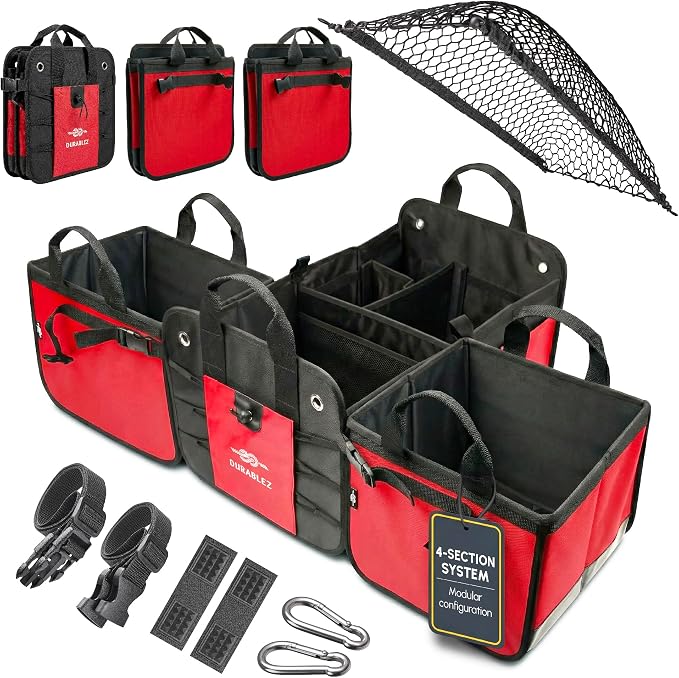 XL Trunk Organizer 4-Section Modular System – Extra Large Car Cargo Storage, Foldable Multi-Compartment Bin for Groceries, Gear & Travel – High-Density Structure – Red