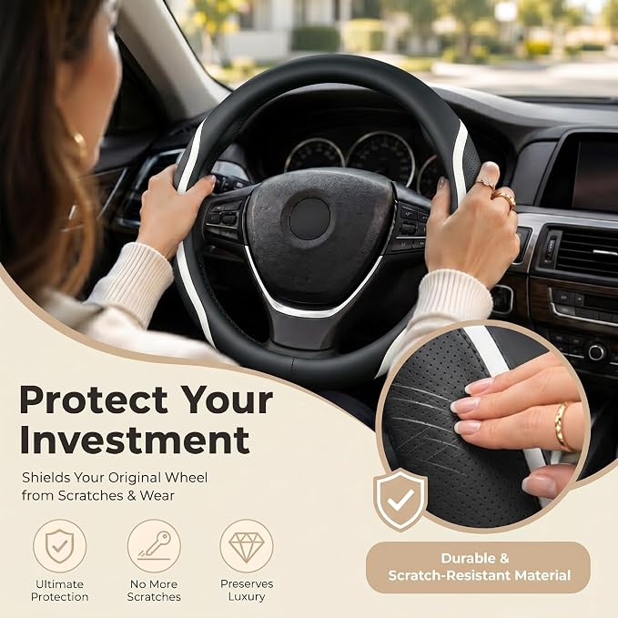 Steering Wheel Cover Black White, Carbon Fiber Car Steering Wheel Covers with Coasters Universal 14.5-15 inch Leather Microfiber Breathable Anti-Slip Steering Wheel Accessories Set
