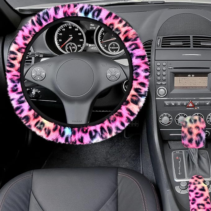 Accmor Fuzzy Car Steering Wheel Cover, Universal Fit Fluffy Auto Wheel Cover & Handbrake Cover & Gear Shift Cover Set, Leopard Print, Car Steering Wheel Cover Protector for Women Girls (Colorful)