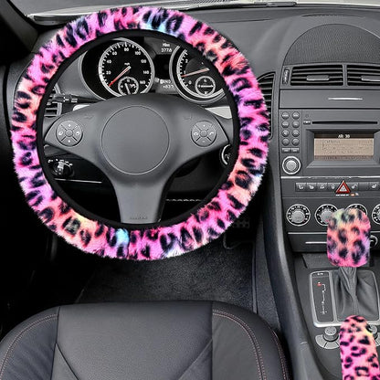 Accmor Fuzzy Car Steering Wheel Cover, Universal Fit Fluffy Auto Wheel Cover & Handbrake Cover & Gear Shift Cover Set, Leopard Print, Car Steering Wheel Cover Protector for Women Girls (Colorful)