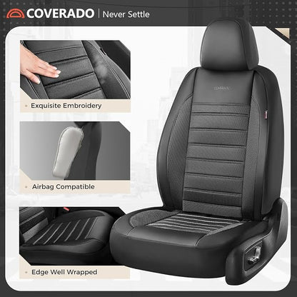 Coverado Car Seat Covers Full Set, Luxury Leather Car Seat Covers, Automotive Front and Rear Mesh Seat Covers, Full Set 5 Seats, Black Seat Covers for SUV Sedan Truck
