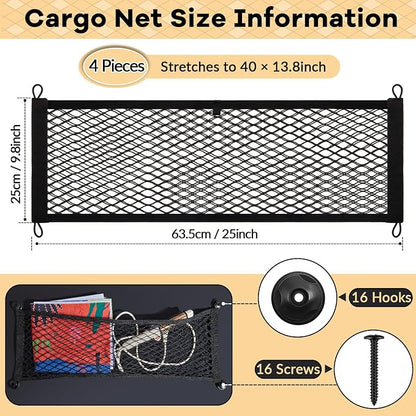 Frienda 4 Pcs Stretchable Small Cargo Net Pocket Boat Storage Mesh Net Elastic Automotive Storage Pouch with Mounting Screws and Hooks for Truck Car SUV Boats (25 x 9.8 Inches)