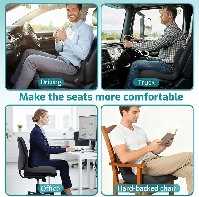 Memory Foam Seat Cushion,Office Chair Cushion with Lumbar Support for Back Pressure Relief, Car Seat Cushion with Adjustable Strap,Sciatica Pad Cushions for Car,Truck, Desk (D-Black)