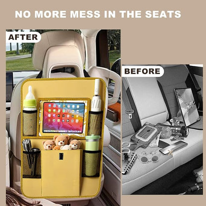 Car Backseat Organizer with Tablet Holder, 6 Storage Pockets Seat Back Protectors Kick Mats for Kids, Car Seat Protector for Road Trips 2 Pack (Beige)