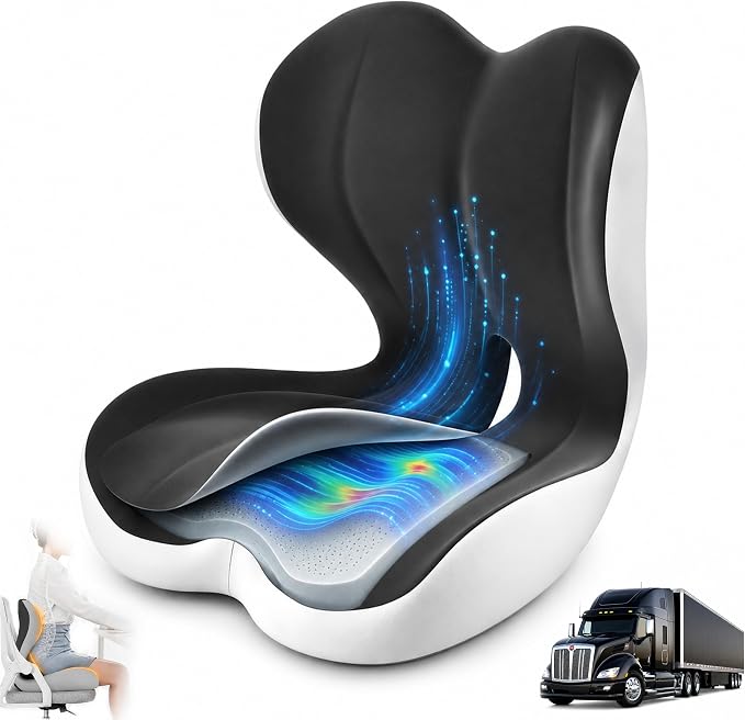 Ergonomic Truck Seat Cushion with Lumbar Support, Wide High-Density Memory Foam for Long Driving Comfort, Contoured Support for Semi Truck, Car & Office Chair