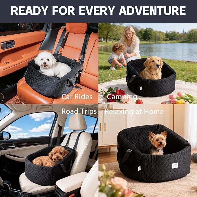 Elevated Dog Booster Seat for Small Dogs, Pet Travel Bed with Safety Leash, Anti-Slip Base, Soft Velvet, Removable Washable Cover, Secure for Pets Up to 30 lbs