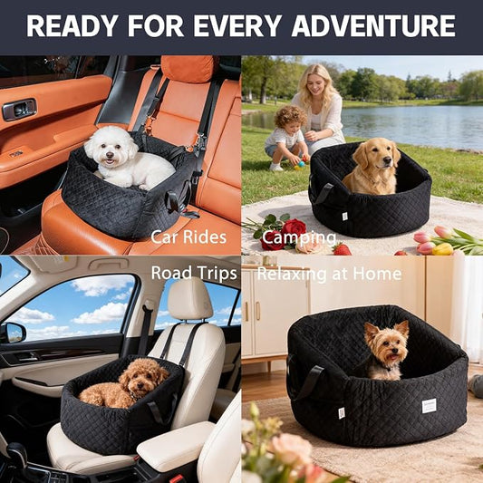 Elevated Dog Booster Seat for Small Dogs, Pet Travel Bed with Safety Leash, Anti-Slip Base, Soft Velvet, Removable Washable Cover, Secure for Pets Up to 30 lbs