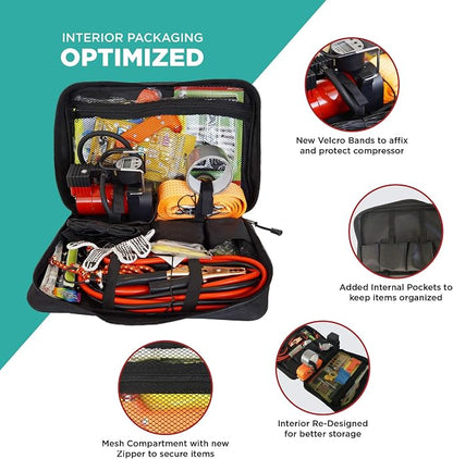 BLIKZONE Emergency Roadside Kit for Car –81-Piece Auto Safety Set with Digital Air Compressor, Jumper Cables, Flat Tire Repair Tools & Compact Storage Bag
