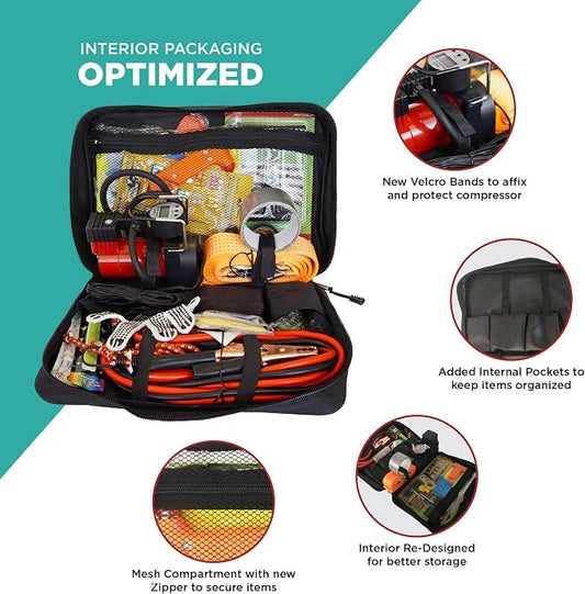 BLIKZONE Emergency Roadside Kit for Car –81-Piece Auto Safety Set with Digital Air Compressor, Jumper Cables, Flat Tire Repair Tools & Compact Storage Bag