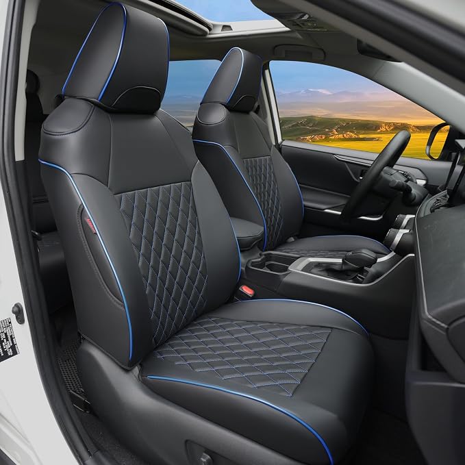 Lolcar RAV4 Seat Covers Custom Fit for Toyota RAV4 2019 2020 2021 2022 2023 2024 2025 LE,XLE,XLE Premium,Limited,Airbag Compatible,Seat Cover Full Set for SUV, Leather（ Black with Blue Trim）