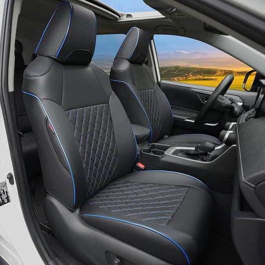 Lolcar RAV4 Seat Covers Custom Fit for Toyota RAV4 2019 2020 2021 2022 2023 2024 2025 LE,XLE,XLE Premium,Limited,Airbag Compatible,Seat Cover Full Set for SUV, Leather（ Black with Blue Trim）