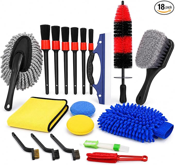 18-Piece Car Detailing Kit – Complete Car Interior Detailing Kit and Exterior Cleaning Set with Detail Brushes, Wire Brushes, Waxing Mop, and Microfiber Accessories for Vehicles
