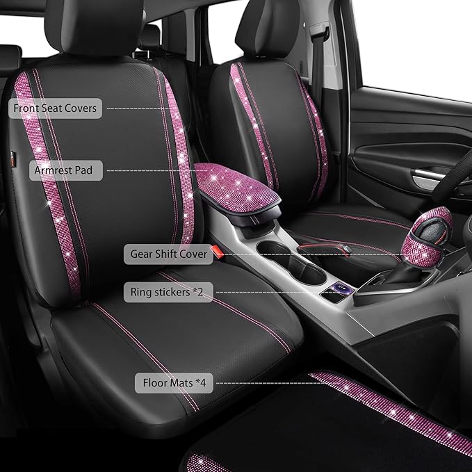 CAR PASS Bling Rhinestone Car Seat Covers Leather Shining Diamond Car Floor Mats Carpet with Anti-Slip Nibs Bling Diamonds Car Accessories Sets Pink Glitter Crystal Diamond Combo Set