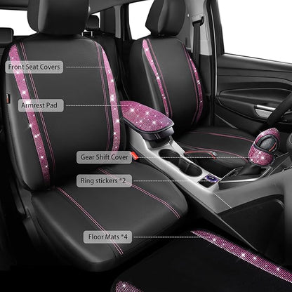 CAR PASS Bling Rhinestone Car Seat Covers Leather Shining Diamond Car Floor Mats Carpet with Anti-Slip Nibs Bling Diamonds Car Accessories Sets Pink Glitter Crystal Diamond Combo Set