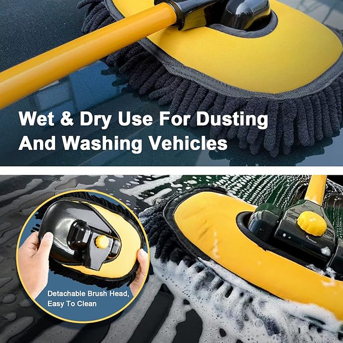 YeewayVeh Car Wash Brush with Long Handle, Microfiber Car Wash Mop with Replaceable Chenille Brush Head, Soft Cleaning Brush with 15° Curved Extension Pole Car Wash Kit for RV Truck Camper, Yellow