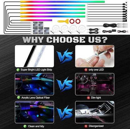 Dreamcolor Acrylic Interior Car LED Strip Light with Wireless APP, Dual Zone RGB 22 in 1 with 175 inches 600 LEDs Fiber Optic Ambient Lighting Kits, Music Sync Neon LED Strip for Car Accessories