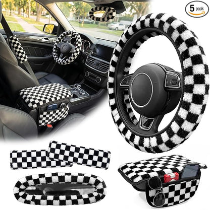 5 Pcs Fuzzy Black & Wihte Car Accessories Set, Soft Fluffy Plush Steering Wheel Cover, Center Console Armrest Pad & Rearview Mirror Cover - Interior Decorations for Women,Universal Fit (Check)