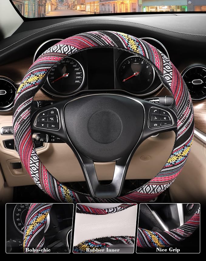 SEG Direct Boho Steering Wheel Cover with Baja Blanket Cloth, Ethnic Style Auto Wheel Cover Made of Coarse Flax, Fits 14 1/2-15 1/4 inches Car Wheel