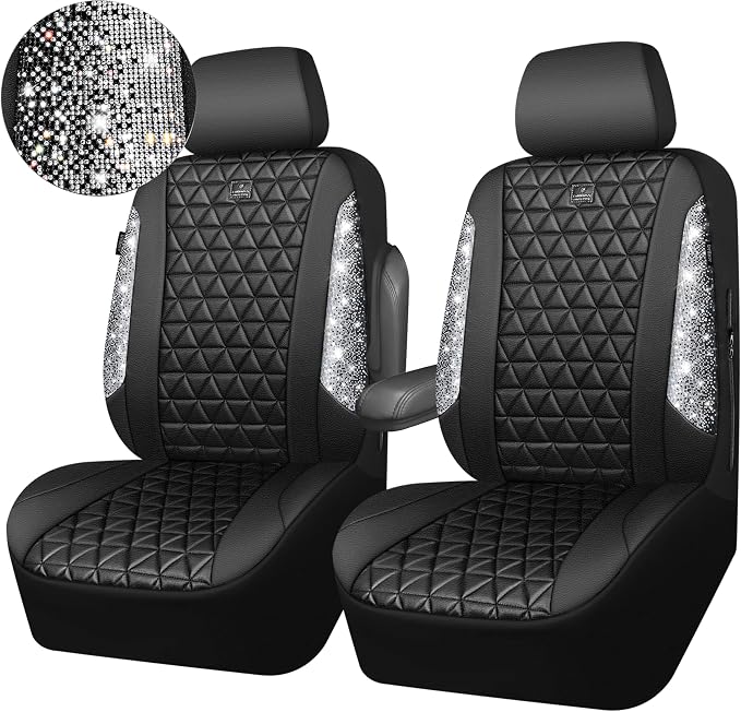 CAR PASS Bling Diamond Leather Car Seat Covers for 2 Front Interior Sets, Waterproof Shining Glitter Sparkly Crystal Universal Armrest Fit Automotive Truck SUV Cute Women Girl, Black Silver Rhinestone