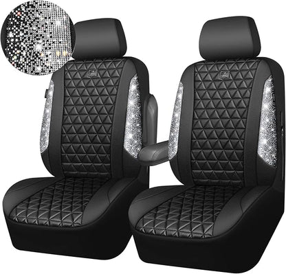CAR PASS Bling Diamond Leather Car Seat Covers for 2 Front Interior Sets, Waterproof Shining Glitter Sparkly Crystal Universal Armrest Fit Automotive Truck SUV Cute Women Girl, Black Silver Rhinestone