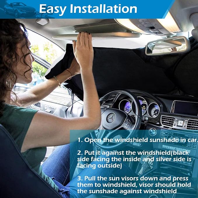 IC ICLOVER Car Windshield Sun Shade, 210T Polyester Foldable Front Window Sun Visor Protector, Blocks UV Rays and Heat Sun Protection Shield, Keep Your Vehicle Cool, Fits Sedans, Mid-Size SUV (Medium)