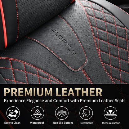 FLORICH Leather Car Seat Covers, Automotive Seat Cover 2 Pack Waterproof Seat Covers for Cars Driver Seat Cover Protectors Universal Fit for Most Cars SUV Trucks Vehicles, Black&Red Line