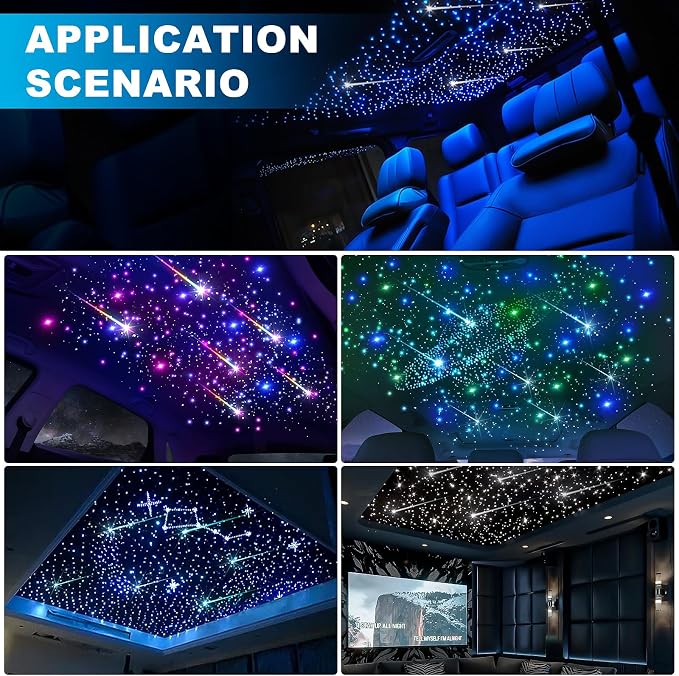 4 Colors 32W Twinkle & Meteor Car Starlight Headliner Kit, 2-in-1 Light Engine 600pcs*0.03in*13.1ft+240 RGBW Fiber Optic Cable Shooting Car Star Roof Lights, Ceiling Star Lights for Car Home Theater
