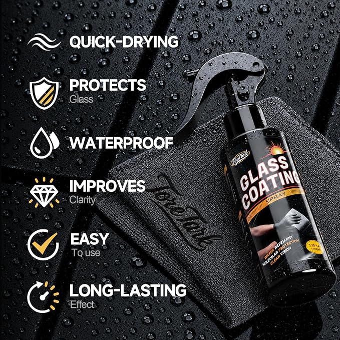 Toretark Car Ceramic Glass Coating Spray,Automotive Windshield Rain Repellent Glass Polish Protect, Long-Lasting Quick Dry Coat (3.38 fl oz +Towel)