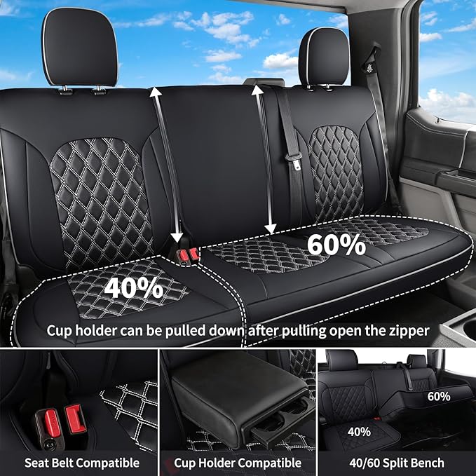 Huidasource F150 Front & Back Leather Seat Covers Accessories Fit for 2015-2025 F150 SuperCrew & 2017-2025 F250 F350 F450 Super Duty Crew Cab XL XLT Lariat King Ranch Platinum(Full Set/Black&White)